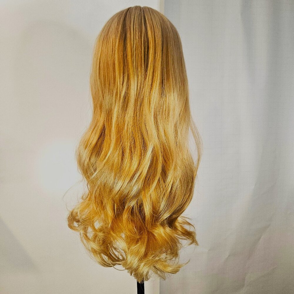 Caramel Blonde 23” Loose Beachy Waves Synthetic Wig with Long Side-Swept Bangs